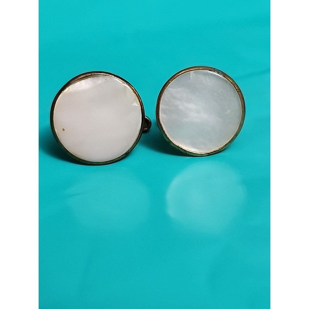 Vintage Faceted Mother of Pearl Gold Tone Collar Buttons Mid-Century Retro - Picture 5 of 6